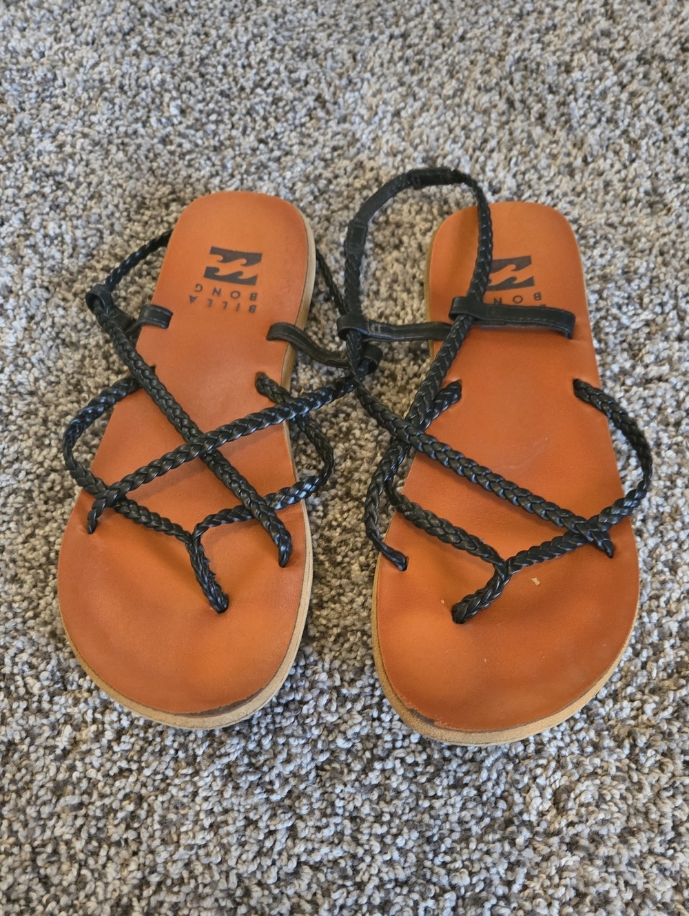Billabong Women's Orange Footbed Sandals with Black Braided Straps